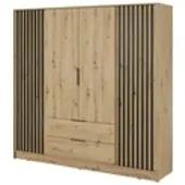 Bettso Eleganter Viertüriger Kleiderschrank mit 2 Große Schubladen für Schlafzimmer Nelly 4D Ohne Spiegel und Schwarz Lamellen Fronten / Eiche Artisan