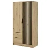 Bettso Eleganter Kleiderschrank mit Flügeltüren 2 Schubladen für Schlafzimmer Nelly 2D Ohne Spiegel und Schwarz Lamellen Fronten / Eiche Artisan