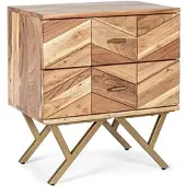 Bizzotto Nachttisch Raida aus Akazienholz, modernes Design, Natur, 2 Schubladen, goldene Beine, 50 cm