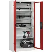 C+P Akkuladeschrank Acurado, abschließbar, mit Lüftung + Inneneinrichtung, B 930 x T 500 x H 1950 mm, Stahl, rubinrot RAL 3003/lichtgrau RAL 7035
