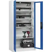 C+P Akkuladeschrank Acurado, abschließbar, mit Lüftung + Inneneinrichtung, B 930 x T 500 x H 1950 mm, Stahl, enzianblau RAL 5010/lichtgrau RAL 7035