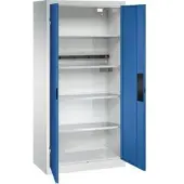 C+P Akkuladeschrank Acurado, abschließbar, mit Inneneinrichtung, B 930 x T 500 x H 1950 mm, Stahl, enzianblau RAL 5010/lichtgrau RAL 7035