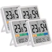Pearl 4er-Set Thermo- und Hygrometer, Komfort-Anzeige, Uhrzeit und Wecker