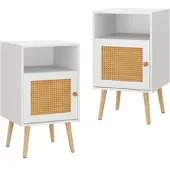Costway Rattan-Nachttisch, Nachttisch aus Holz mit offenem Regal und Tür, Sofatisch