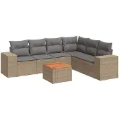 vidaXL 7-tlg. Garten-Sofagarnitur mit Kissen Beige Poly Rattan