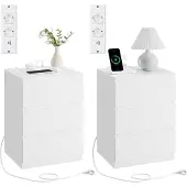 Vasagle Nachttisch LET631W14, 3 Schubladen, abgeschrägte Kanten, 2 AC-Steckdosen, 2 USB-Ports, Cloud Weiß, ca. 40 x 40 x 60 cm