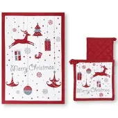 Excelsa Topflappen und Geschirrtuch Merry Christmas Baumwolle weiß-rot