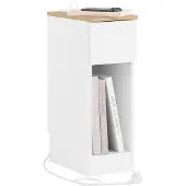 SoBuy Schlanker Nachttisch mit Ladestation, Schmaler Beistelltisch mit Standardsteckdose, USB-Anschluss und Type-C-Anschluss für Schlafzimmer und Wohnzimmer, B20 x T35 x H60 cm, Weiß, FBT111-E-WN