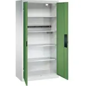 C+P Akkuladeschrank Acurado, abschließbar, mit Inneneinrichtung, B 930 x T 500 x H 1950 mm, Stahl, resedagrün RAL 6011/lichtgrau RAL 7035