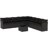 vidaXL 10-tlg. Garten-Sofagarnitur mit Kissen Schwarz Poly Rattan
