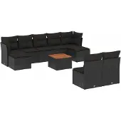 vidaXL 10-tlg. Garten-Sofagarnitur mit Kissen Schwarz Poly Rattan