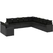 vidaXL 11-tlg. Garten-Sofagarnitur mit Kissen Schwarz Poly Rattan