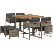 vidaXL 9-tlg. Garten-Essgruppe mit Kissen Grau Poly Rattan