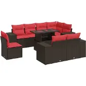 vidaXL 9-tlg. Garten-Sofagarnitur mit Kissen Braun Poly Rattan Akazie