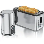 Arendo Frühstücks-Set Edelstahl, Wasserkocher Toaster Set, Wasserkocher mit Temperatureinstellung 1,7l, Toaster 2 Scheiben Langschlitz, Brötchenaufsatz, silber
