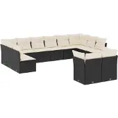 vidaXL 12-tlg. Garten-Sofagarnitur mit Kissen Schwarz Poly Rattan