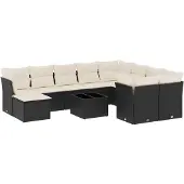 vidaXL 11-tlg. Garten-Sofagarnitur mit Kissen Schwarz Poly Rattan