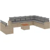 vidaXL 11-tlg. Garten-Sofagarnitur mit Kissen Beige Poly Rattan