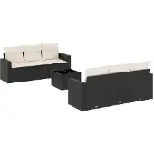 vidaXL 7-tlg. Garten-Sofagarnitur mit Kissen Schwarz Poly Rattan