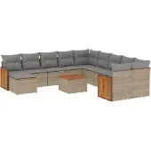 vidaXL 12-tlg. Garten-Sofagarnitur mit Kissen Beige Poly Rattan