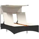 vidaXL Doppel-Sonnenliege mit Dach und Auflagen Schwarz Poly Rattan