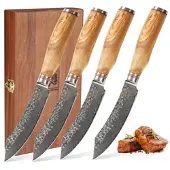 Zayiko Minami Damast 4er Steakmesser-Set 12 cm Klingen Olivenholzgriffe Holzbox
