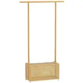 Costway Garderobenständer mit PE-Rattan-Aufbewahrungskorb und Rollen, Bambus-Kleiderständer, 2-in-1-Kleiderstange, Garderobenhalter, braun