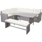 Mendler Poly-Rattan-Garnitur MCW-A29, Gartengarnitur Sitzgruppe Lounge-Esstisch-Set Sofa hellgrau, Kissen creme + Bank