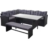Mendler Poly-Rattan-Garnitur MCW-A29, Gartengarnitur Sitzgruppe Lounge-Esstisch-Set, schwarz Kissen dunkelgrau, mit Bank