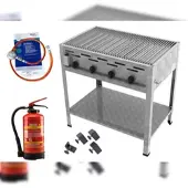 ChattenGlut Gasbräter 4-flammig Edelstahl 18kW mit GLORIA FA3 EASY Fettbrandlöscher Gasdruckprüfung, Gewerberegler, ideal für Gastro Events