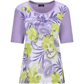 Goldner Kurzarmbluse "Kurzgröße Glanzshirt mit floralem Paisley-Muster" Ton in Ton Ziersteinchen auf dem Print
