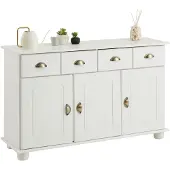 Idimex Sideboard COLMAR, Weiß - Landhaus Kommode mit 2 Schubladen und 3 Türen, Kiefer Massivholz, Muschelgriffe aus Metall, ideal für Flur oder Wohnzimmer