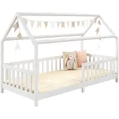 Idimex Hausbett NINA, Kinderbett mit Rausfallschutz 90x200, Massivholz Weiß