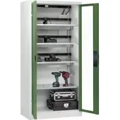 C+P Akkuladeschrank Acurado, abschließbar, mit Lüftung + Inneneinrichtung, B 930 x T 500 x H 1950 mm, Stahl, resedagrün RAL 6011/lichtgrau RAL 7035