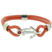 HAFENKLUNKER - ANKER ARMBAND EDELSTAHL LEDER ZIRKONIA - orangerot silber