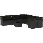 vidaXL 11-tlg. Garten-Sofagarnitur mit Kissen Schwarz Poly Rattan