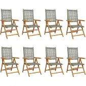 vidaXL 8-teiliges Set aus verstellbaren Klappstühlen, graues Polyrattan und Massivholz