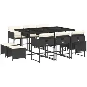 vidaXL 11-tlg. Garten-Essgruppe mit Kissen Schwarz Poly Rattan