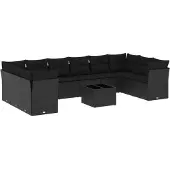vidaXL 11-tlg. Garten-Sofagarnitur mit Kissen Schwarz Poly Rattan