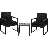 Mendler Poly-Rattan Garnitur MCW-P74, Lounge-Set Garten 2x Stuhl Tisch, Akazie Holz Stoff 180g/m² schwarz, Polster schwarz