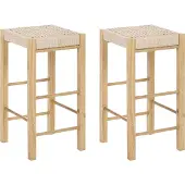 Beliani Barhocker 2er Set Hellbraun Gummibaumholz 66 cm hoch ohne Lehne mit Fußstütze Geflochtene Sitzfläche Boho Design Holzhocker Sitzhocker