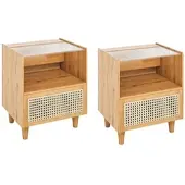 Costway Rattan-Nachttisch, 2er-Set, Bambus-Nachttisch mit Schublade, Beistelltisch mit Glasplatte und offenem Fach