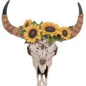 Mendler Deko Schädel MCW-Q10, Polyresin Stier Bulle Longhorn Kopf Trophäe mit Verzierung Sonnenblume, In-/Outdoor 42cm