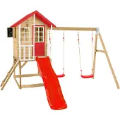 50nrth Zwerkules, Holzspielhaus / Stelzenhaus "Lolla 3", natur /rot, mit Rutsche und Doppelschaukel