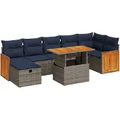 vidaXL 8-tlg. Garten-Sofagarnitur mit Kissen Grau Poly Rattan Akazie