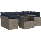 vidaXL 7-tlg. Garten-Sofagarnitur mit Kissen Grau Poly Rattan Akazie