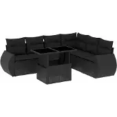 vidaXL 7-tlg. Garten-Sofagarnitur mit Kissen Schwarz Poly Rattan