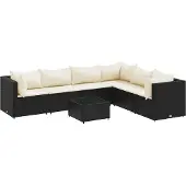 vidaXL 7-tlg. Garten-Lounge-Set mit Kissen Schwarz Poly Rattan