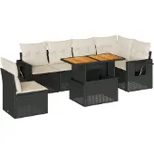 vidaXL 7-tlg. Garten-Sofagarnitur mit Kissen Schwarz Poly Rattan