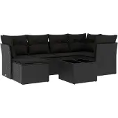 vidaXL 7-tlg. Garten-Sofagarnitur mit Kissen Schwarz Poly Rattan